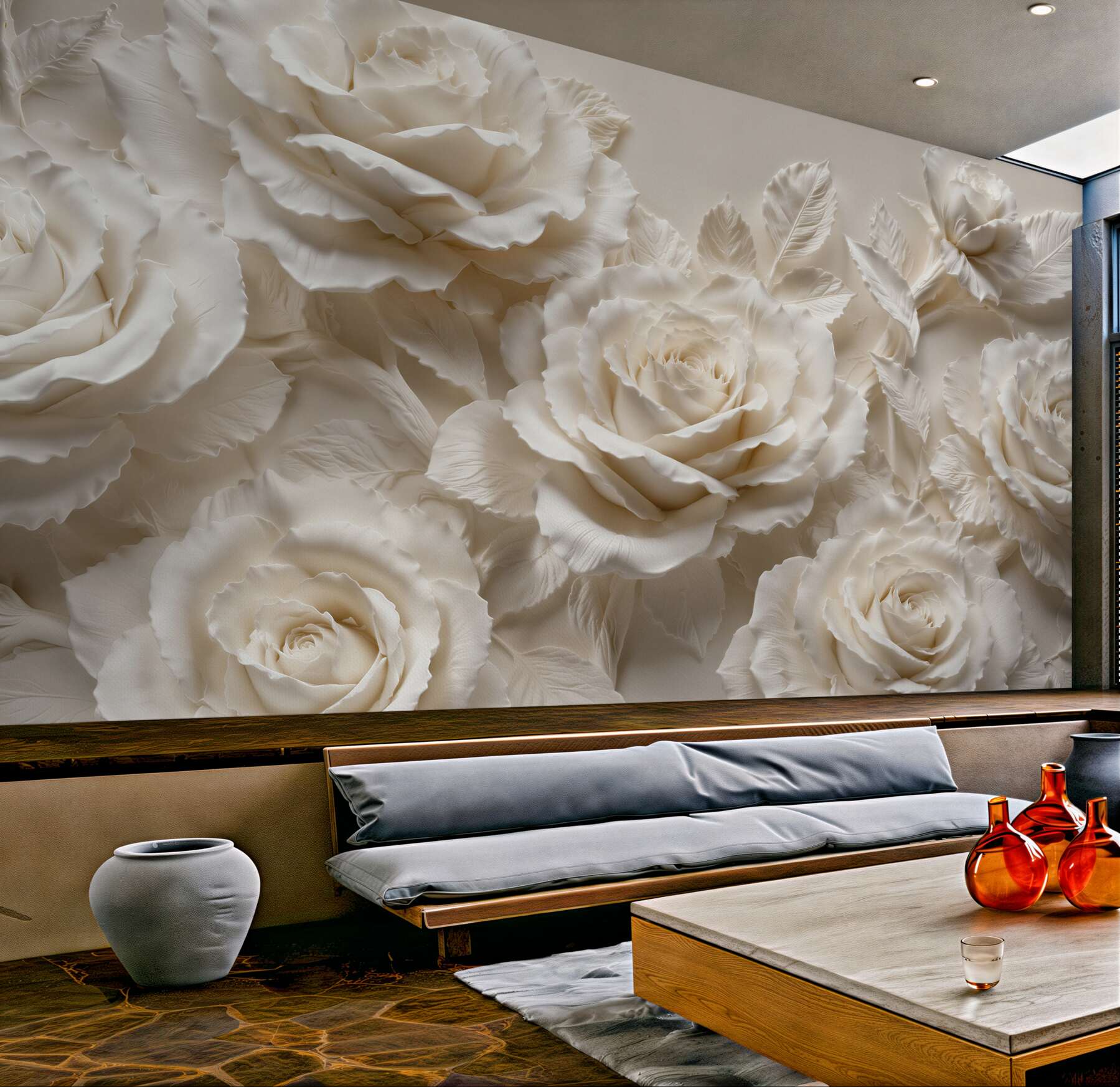 Fototapeten Cremefarbene Rosen in elegantem Relief