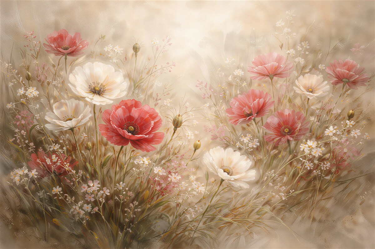 Fototapeten Pastellfarbene Blumenwiese im Morgengrauen