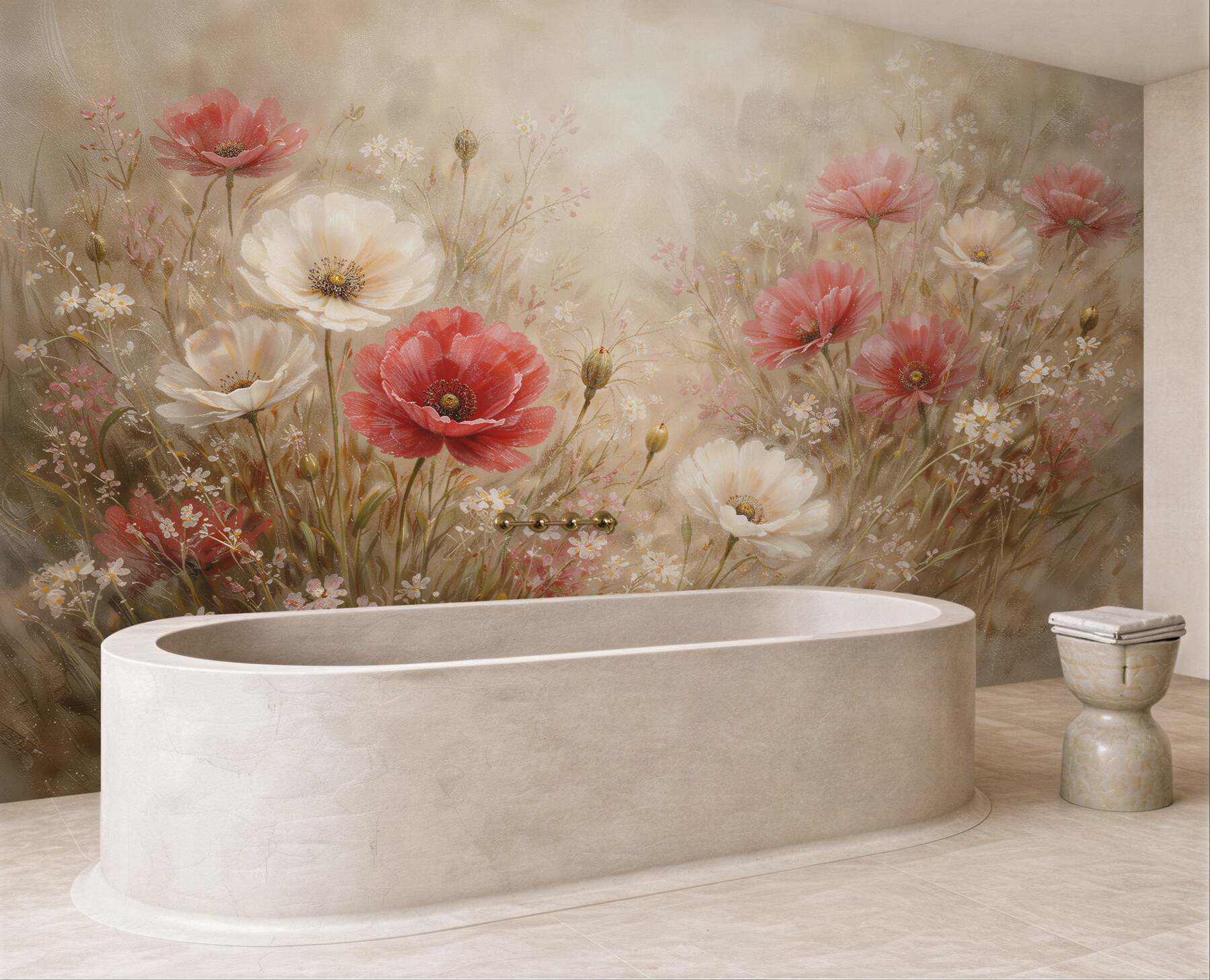 Fototapeten Pastellfarbene Blumenwiese im Morgengrauen