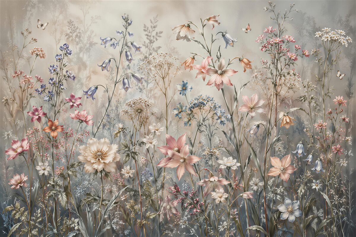 Fototapeten Pastellfarbene Blumenwiese