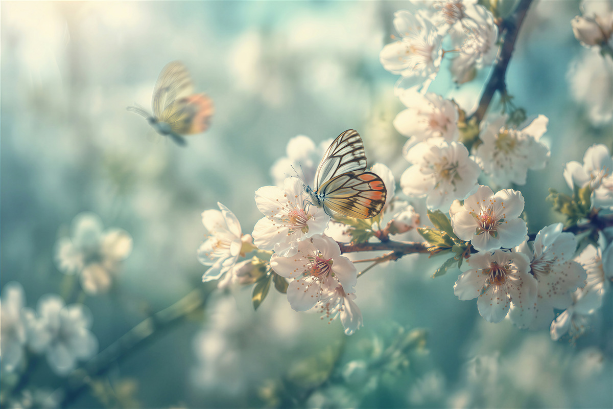 Fototapeten Schmetterlinge zwischen Frühlingsblumen