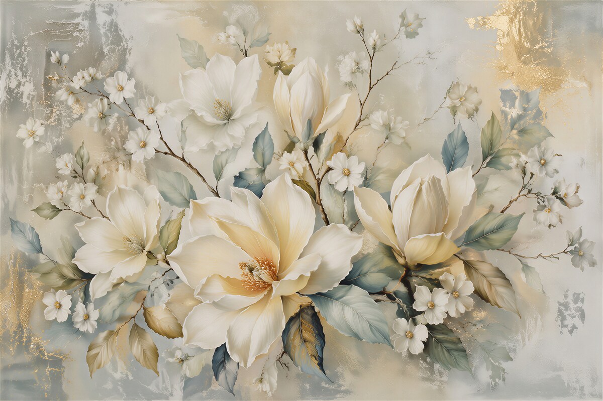 Fototapeten Cremefarbene Magnolien mit Gold