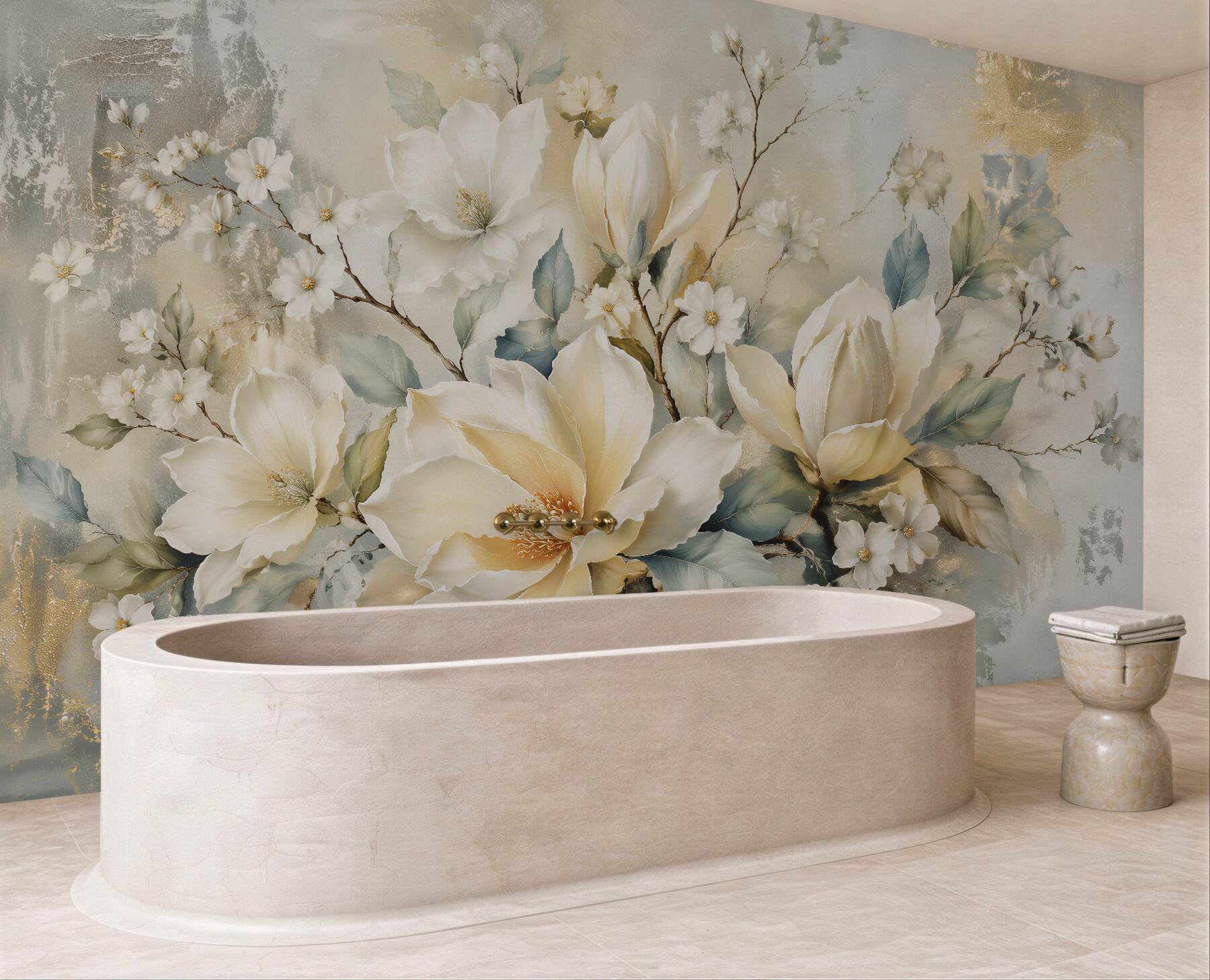 Fototapeten Cremefarbene Magnolien mit Gold