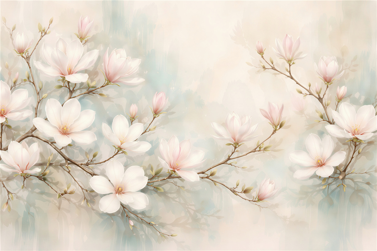 Fototapeten Pastellfarbene Magnolien auf Zweigen