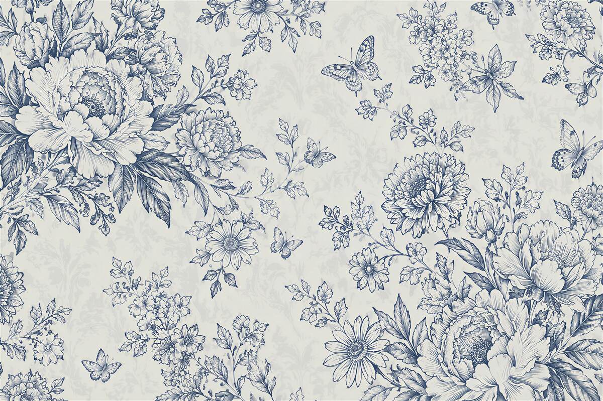 Fototapeten Blaue Blumen und Schmetterlinge im Retro-Stil