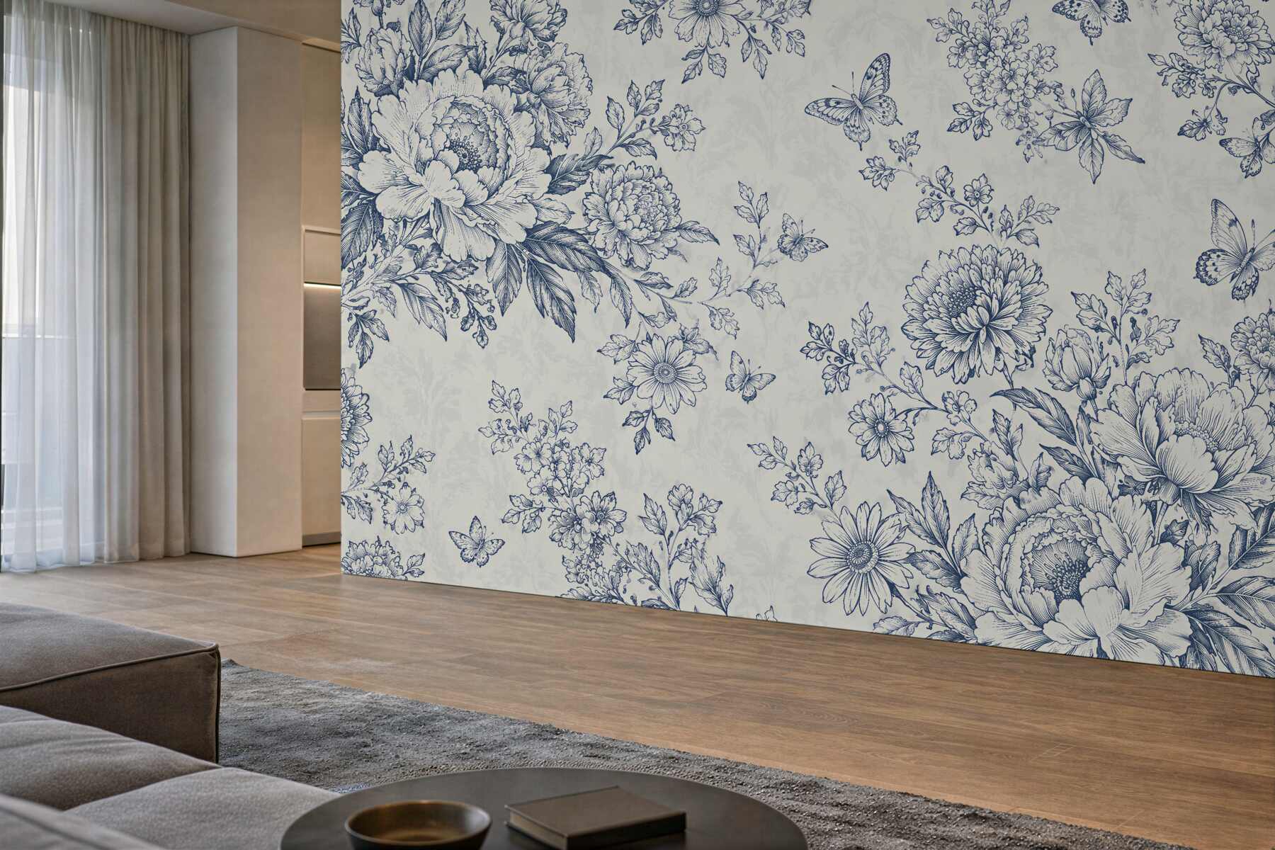 Fototapeten Blaue Blumen und Schmetterlinge im Retro-Stil