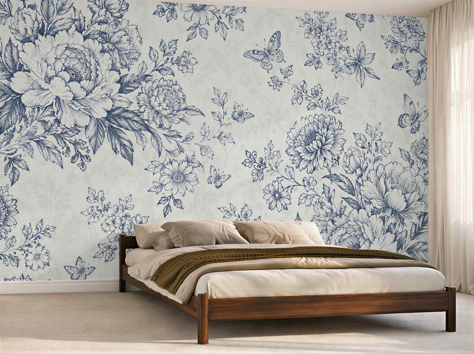 Fototapeten Blaue Blumen und Schmetterlinge im Retro-Stil
