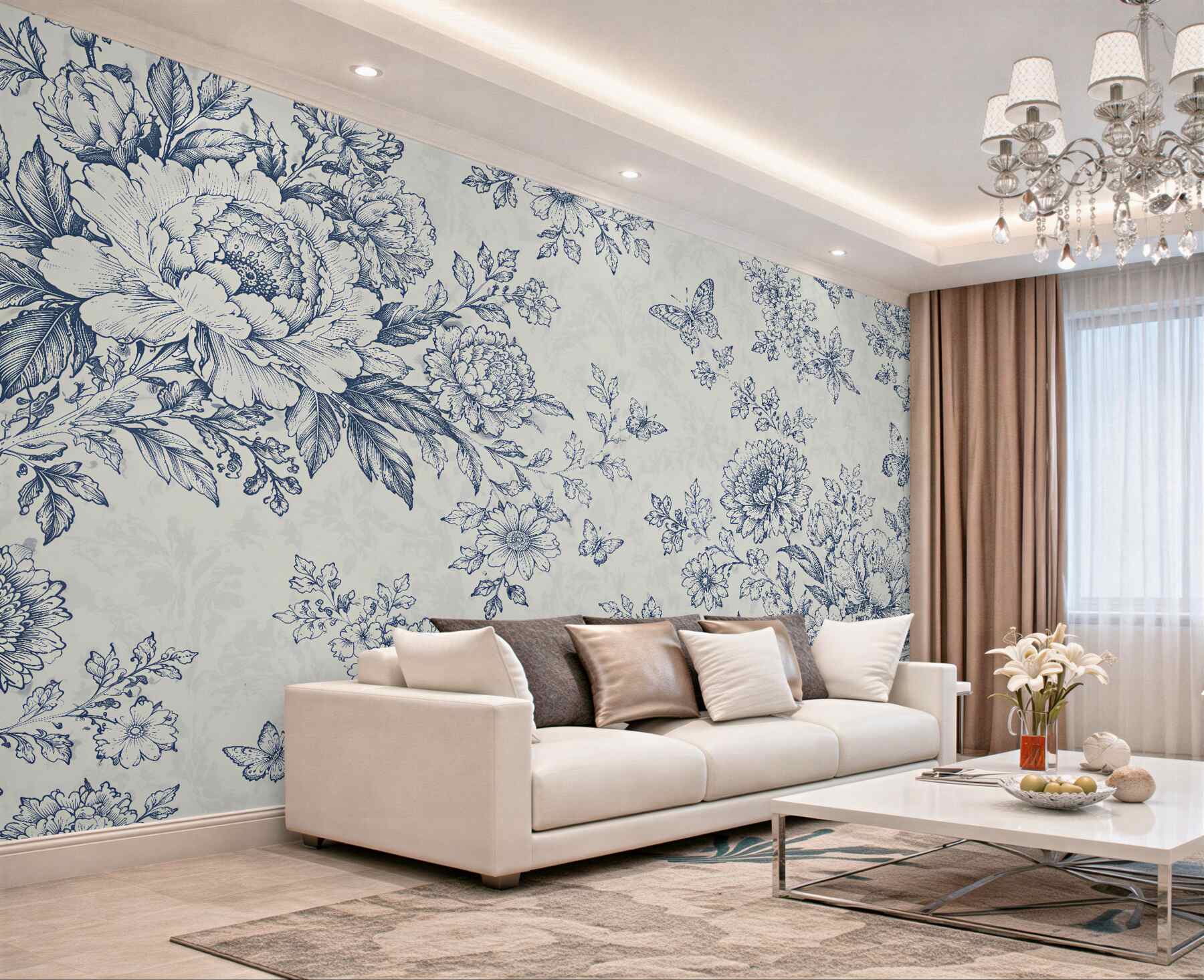 Fototapeten Blaue Blumen und Schmetterlinge im Retro-Stil