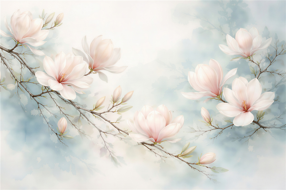 Fototapeten Zarte Magnolien auf blauem Hintergrund