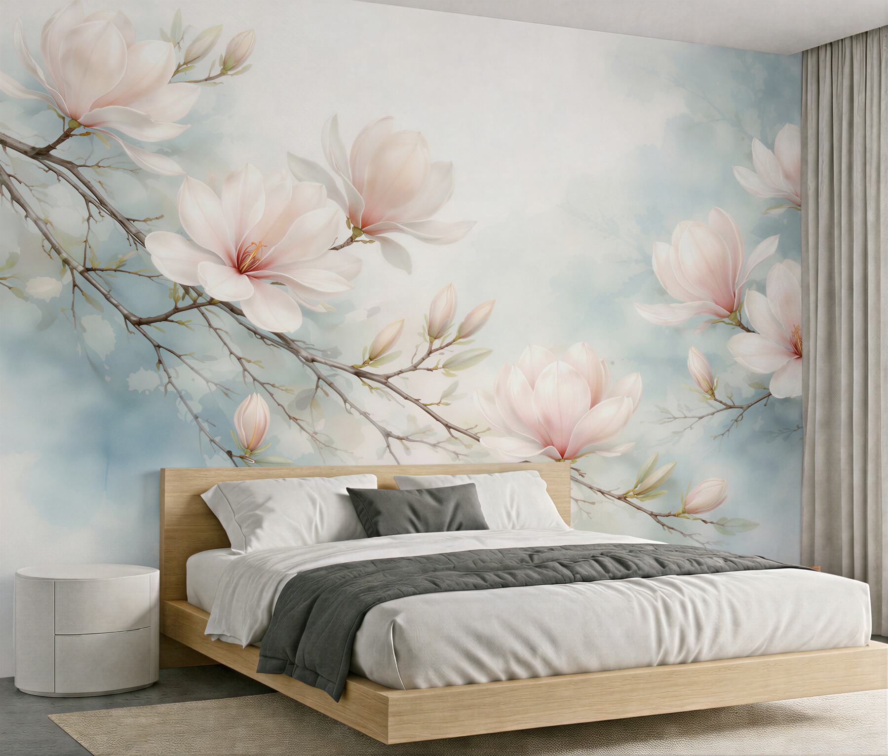 Fototapeten Zarte Magnolien auf blauem Hintergrund