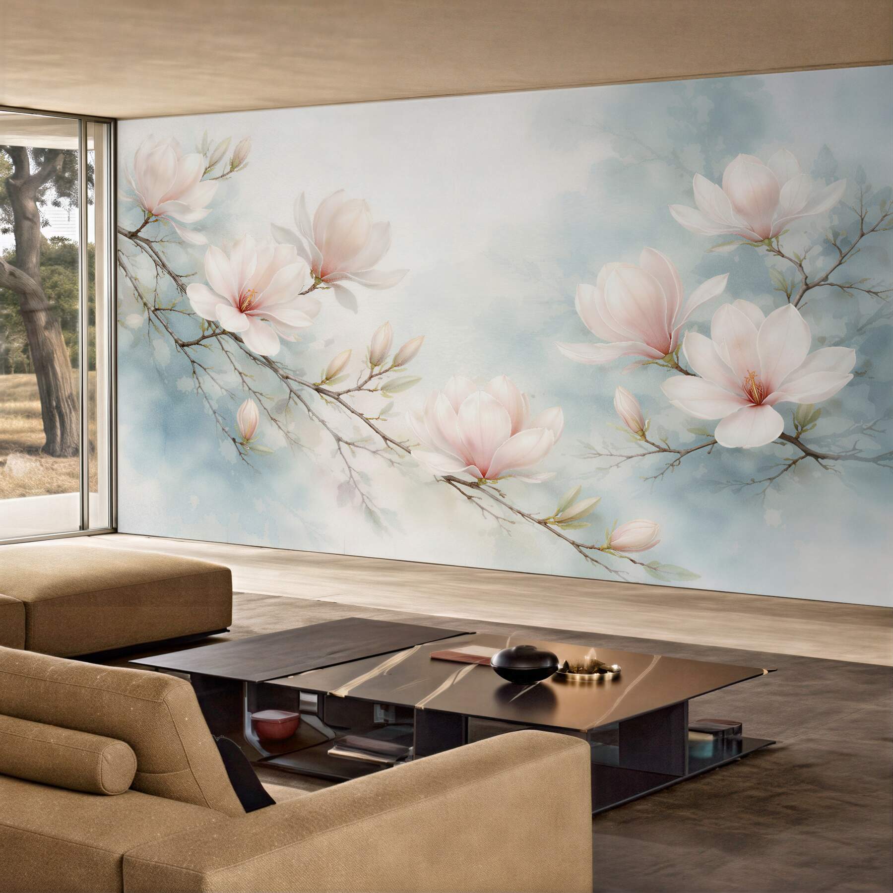 Fototapeten Zarte Magnolien auf blauem Hintergrund