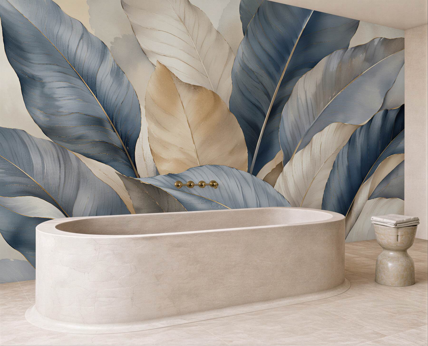 Fototapeten Elegante Blätter in Blau und Beige