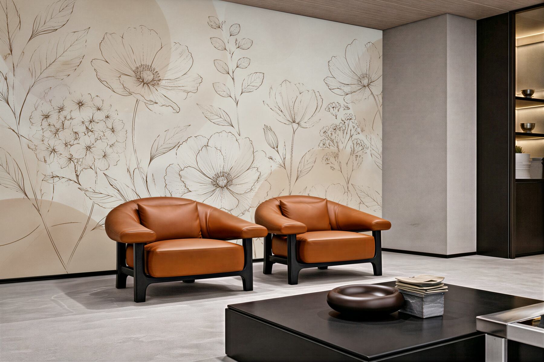 Fototapeten Zarte Blumenskizze in Beige
