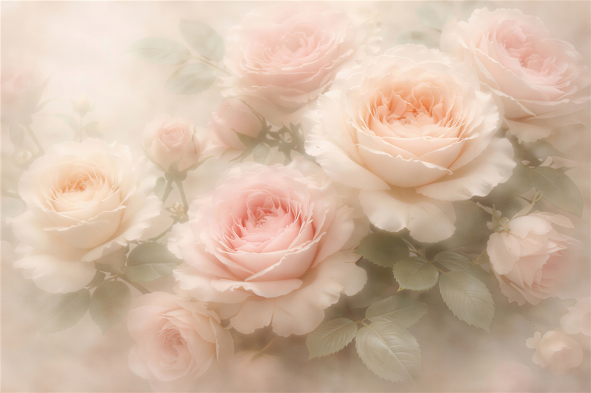 Fototapeten Puderrosa Rosen im nebligen Schimmer