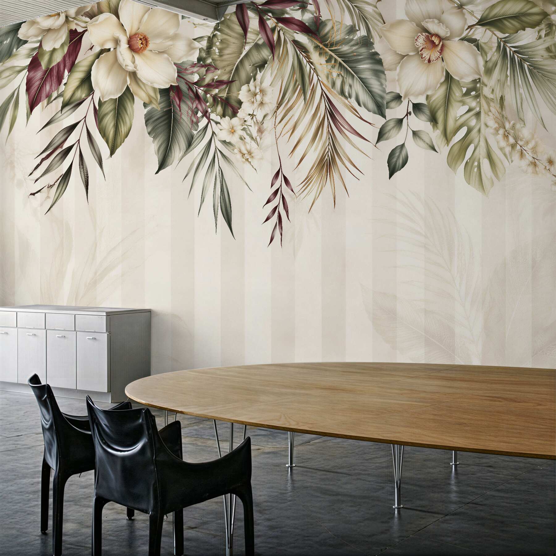 Fototapeten Cremefarbene Blumen und exotische Blätter