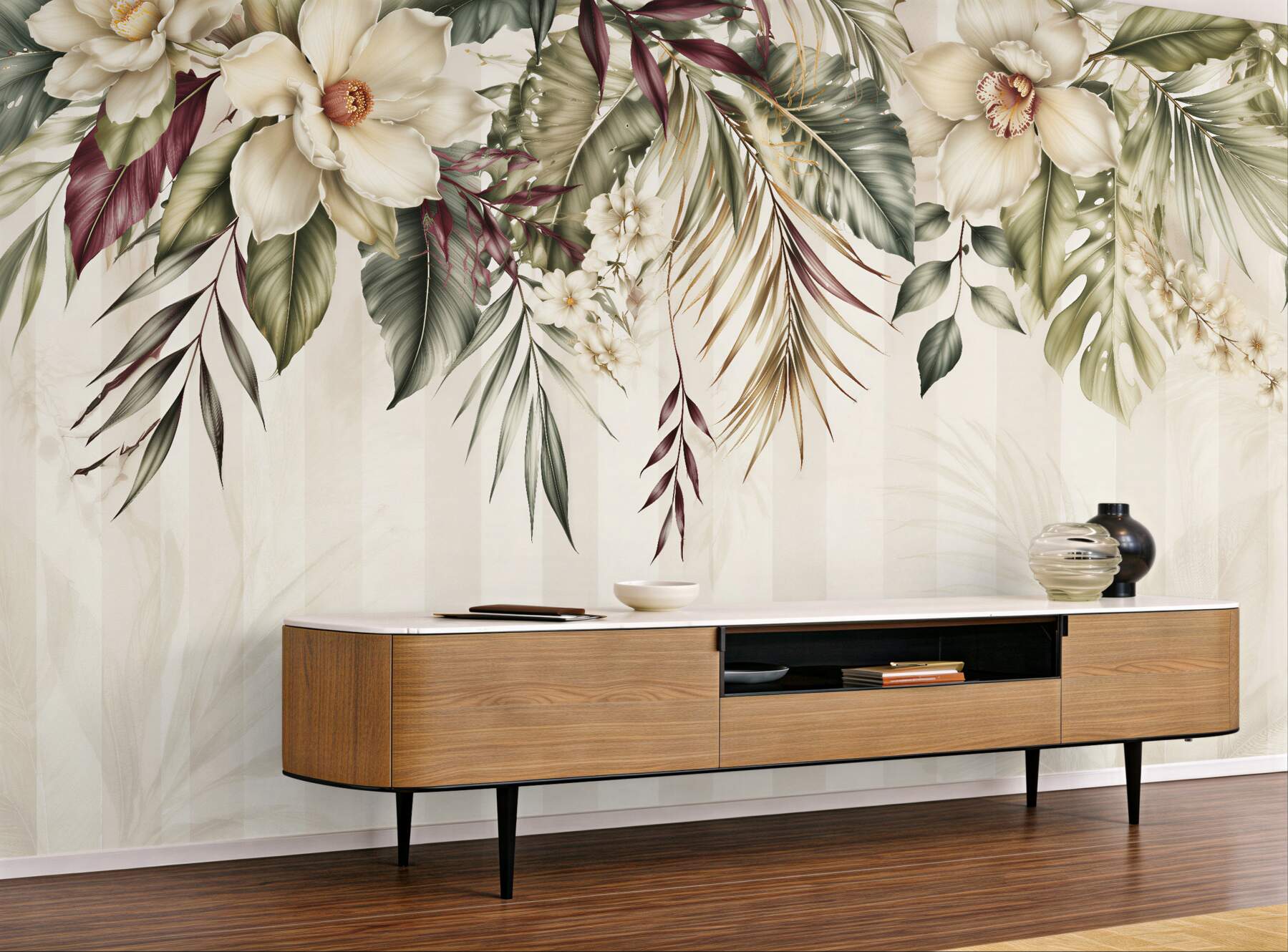 Fototapeten Cremefarbene Blumen und exotische Blätter