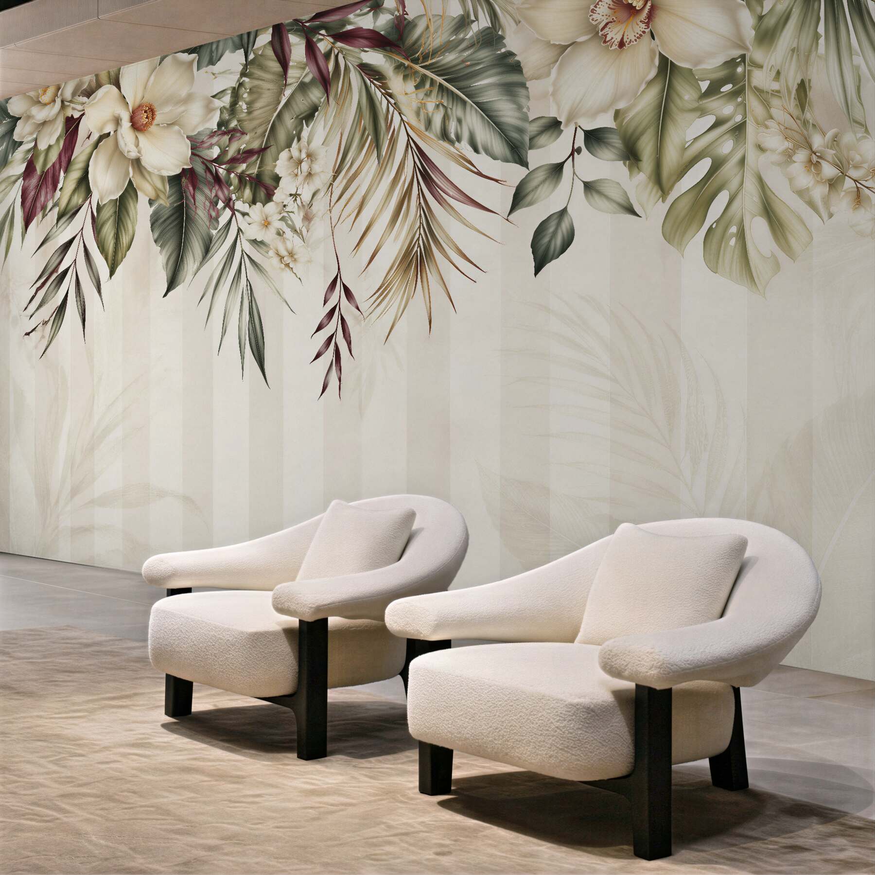 Fototapeten Cremefarbene Blumen und exotische Blätter