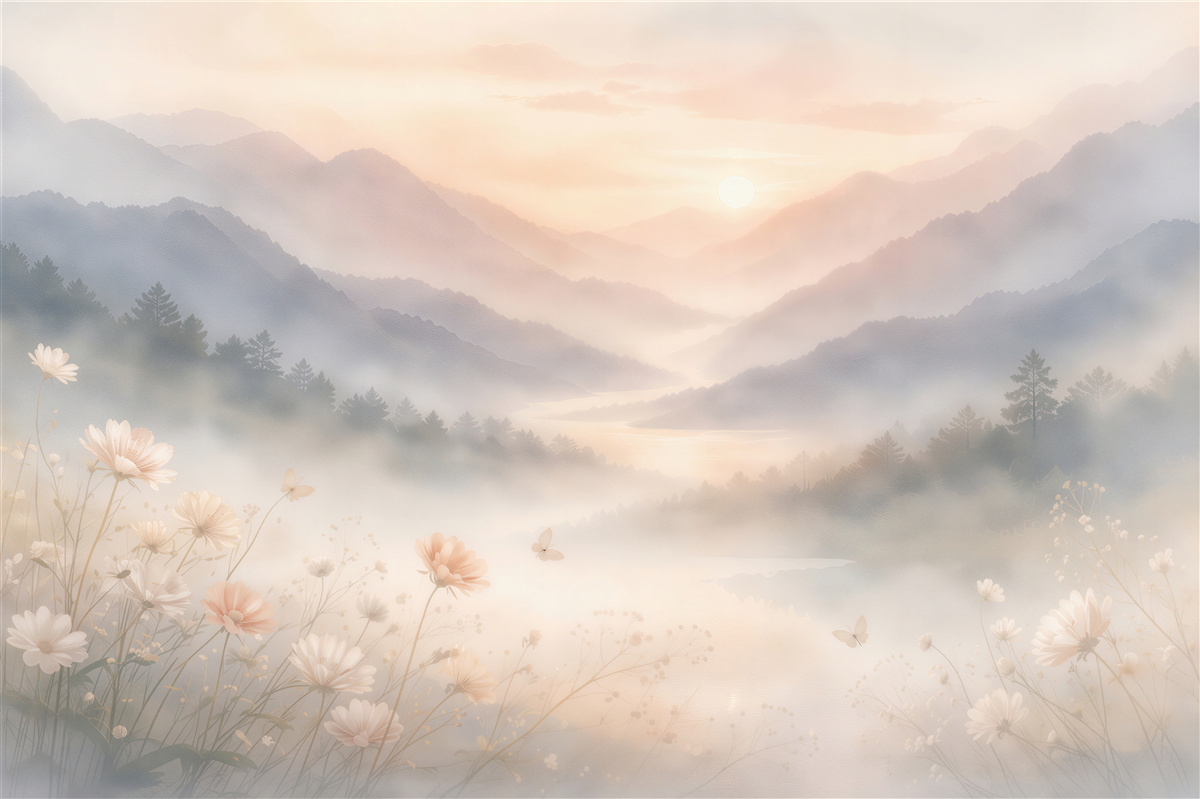 Fototapeten Nebliger Sonnenaufgang über den Bergen