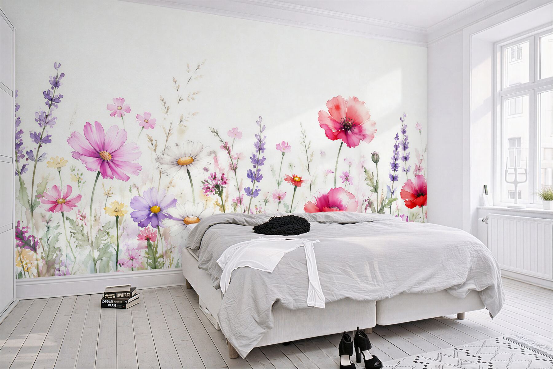 Fototapeten Aquarellwiese mit pastellfarbenen Blumen