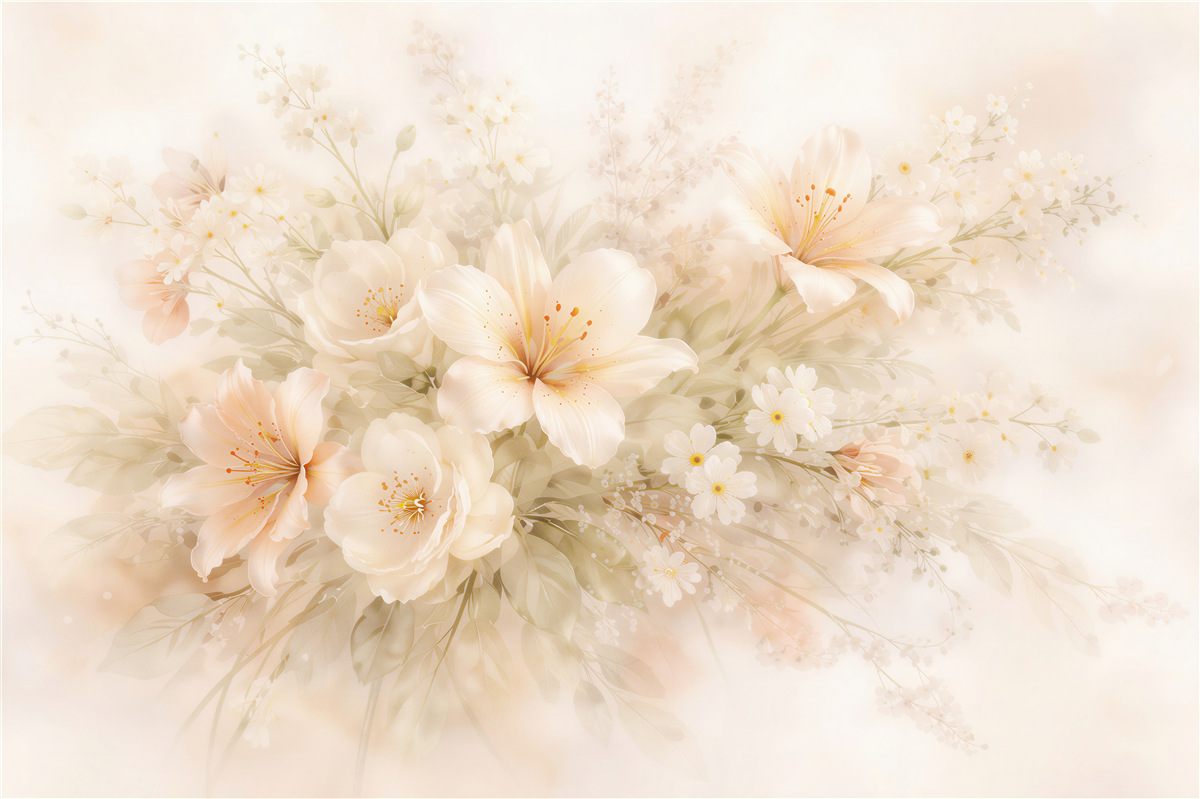 Fototapeten Cremiger Blumenstrauß mit Lilien und Blüten