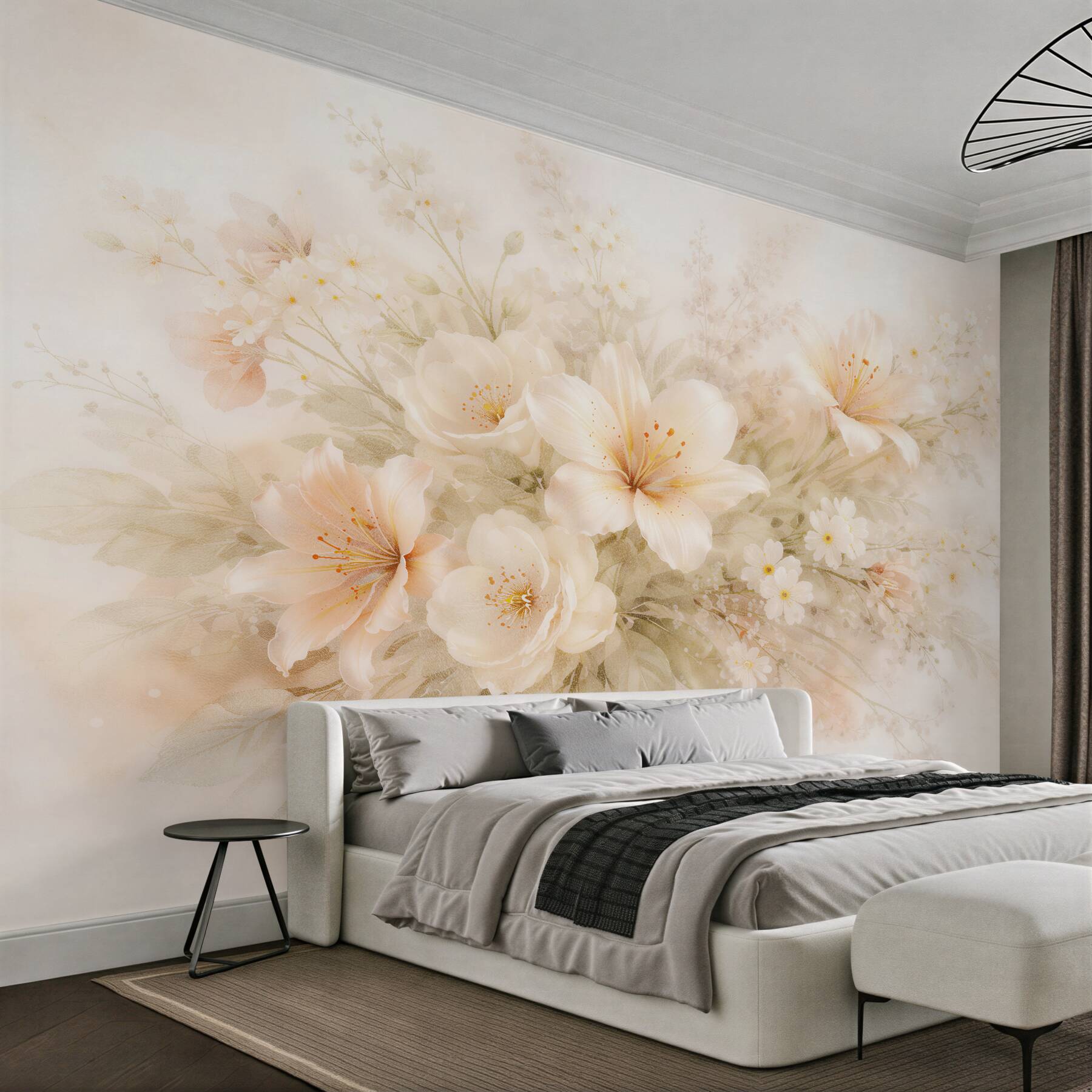 Fototapeten Cremiger Blumenstrauß mit Lilien und Blüten