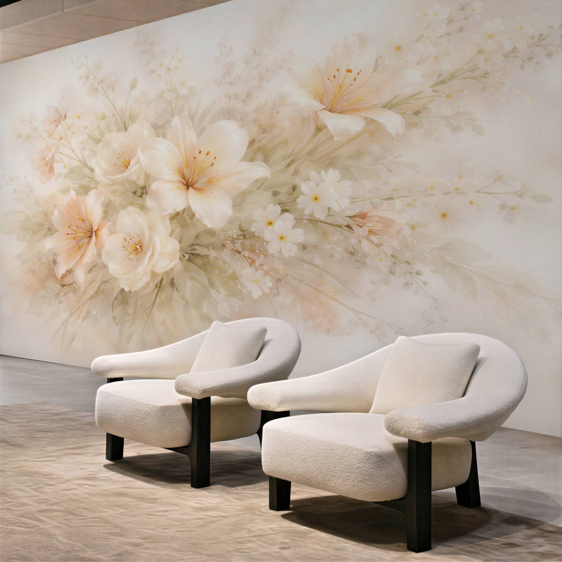 Fototapeten Cremiger Blumenstrauß mit Lilien und Blüten