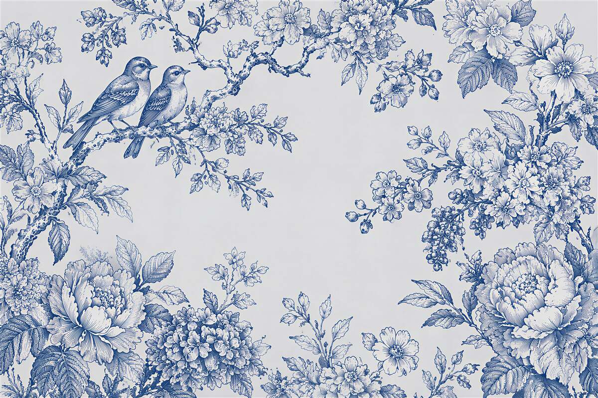 Fototapeten Blaue Vögel zwischen Blumen