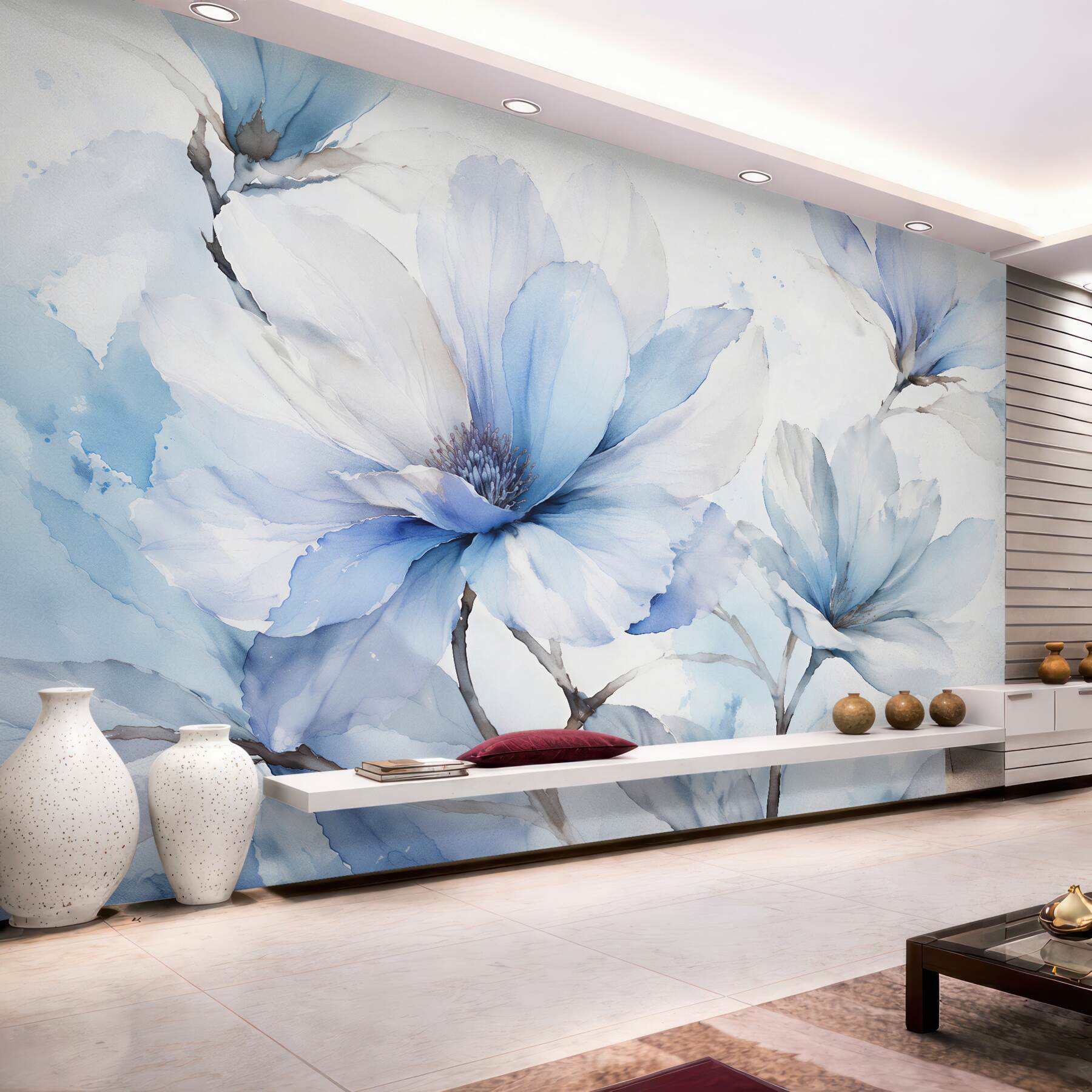 Fototapeten Hellblaue Magnolien in Aquarell