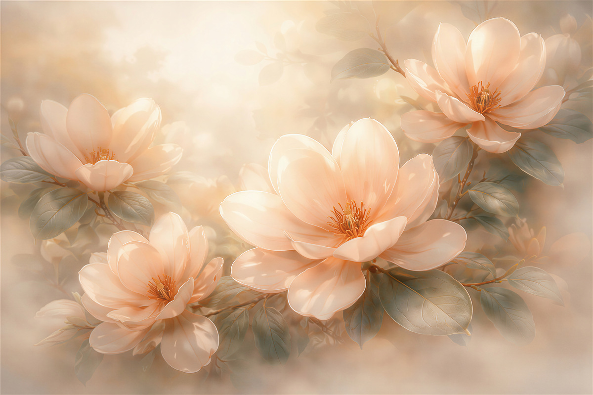 Fototapeten Cremefarbene Magnolien im goldenen Glanz