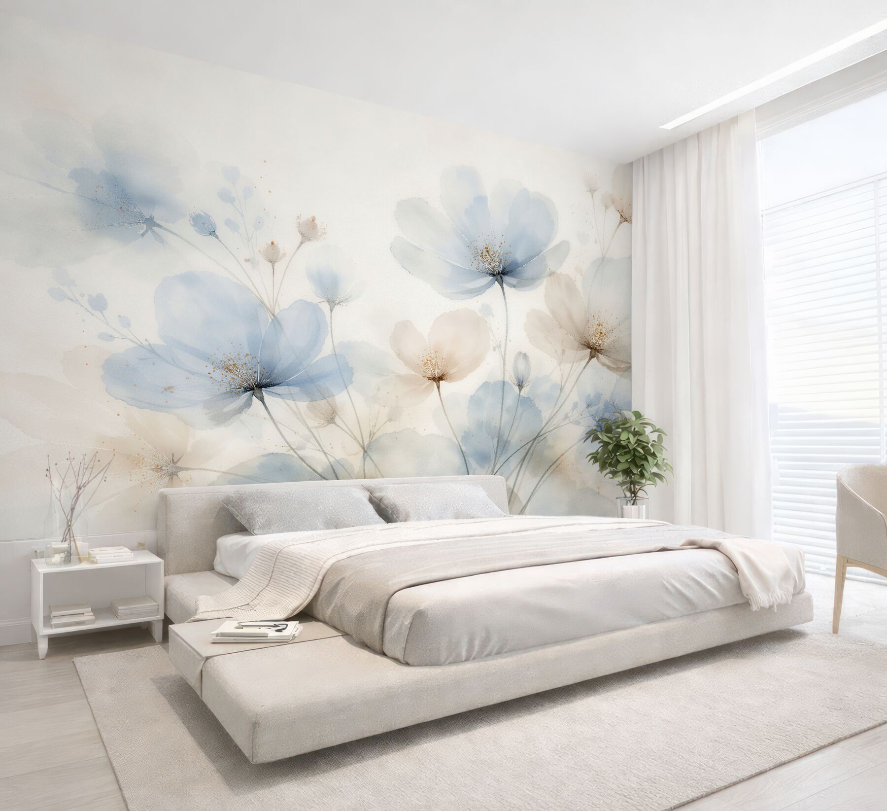 Fototapeten Blaue Blumen in Aquarell