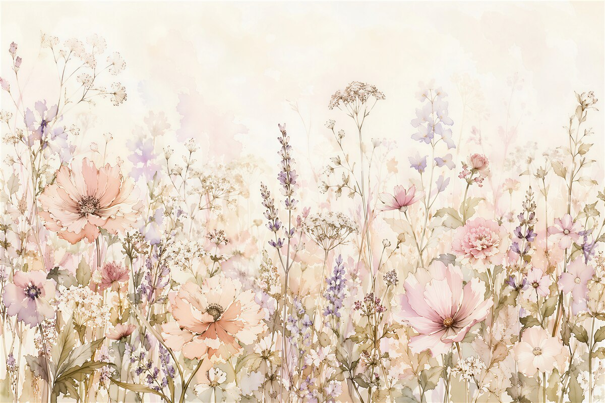 Fototapeten Pastellwiese mit Aquarellblumen