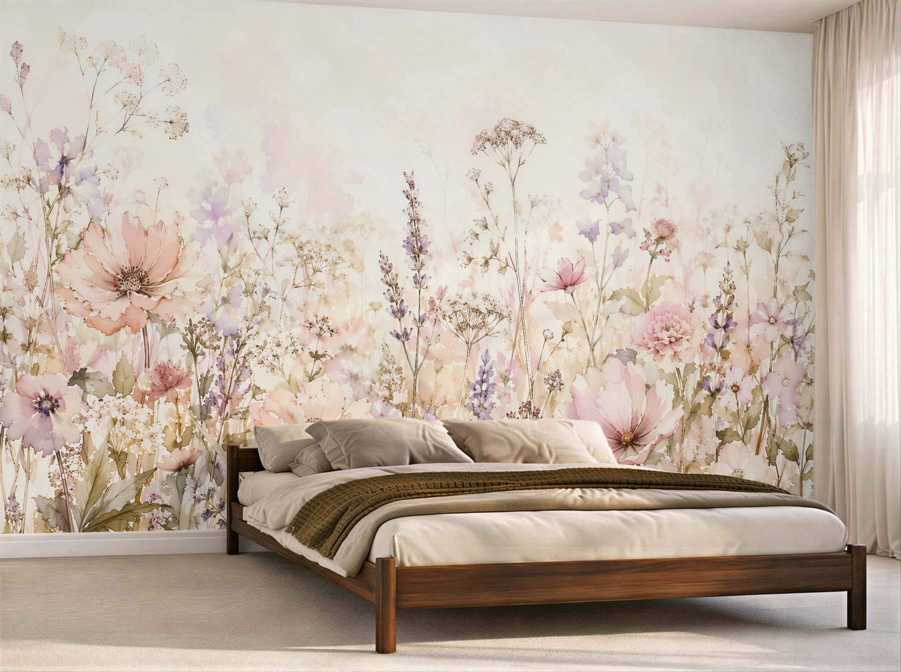 Fototapeten Pastellwiese mit Aquarellblumen