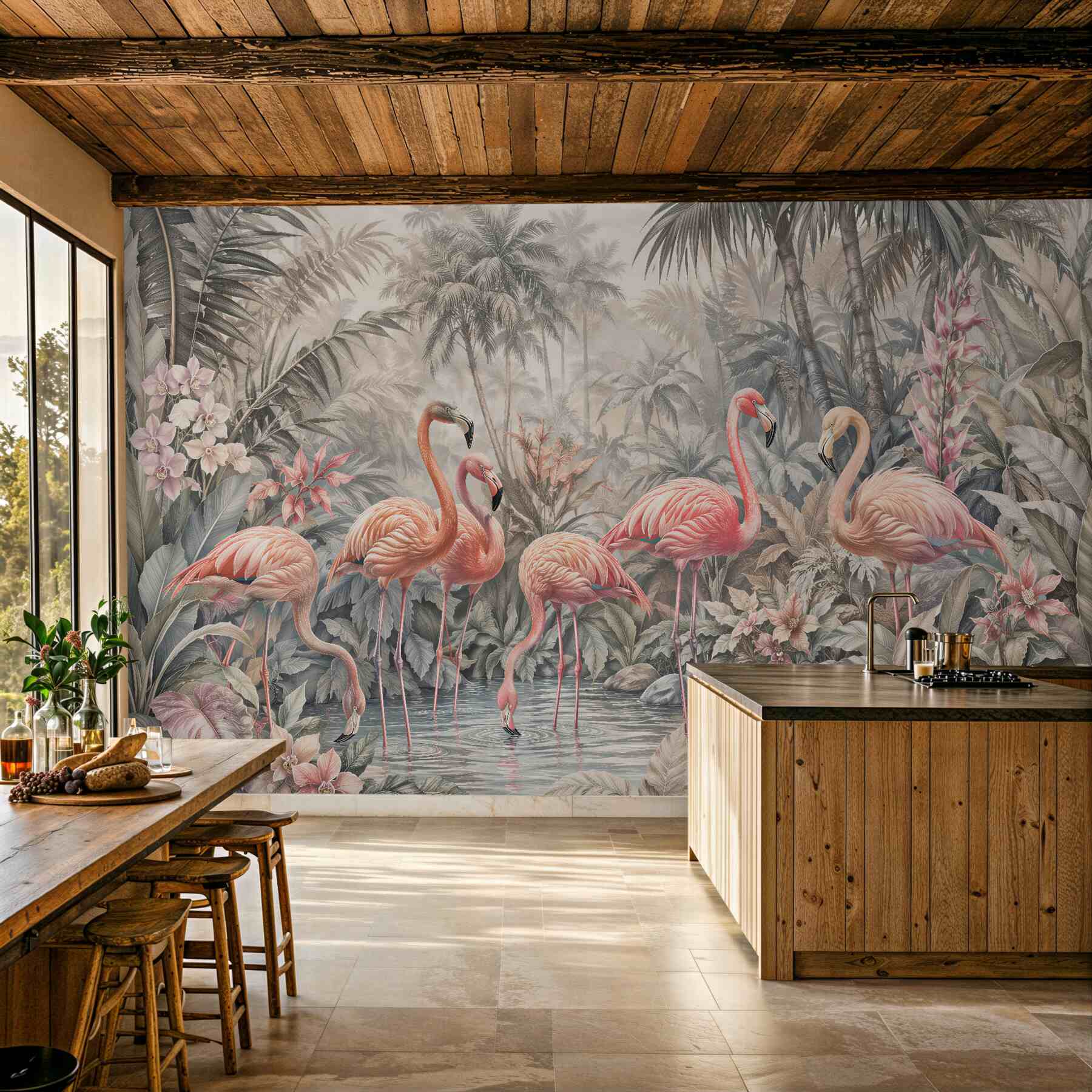 Fototapeten Flamingos im pastellfarbenen Dschungel