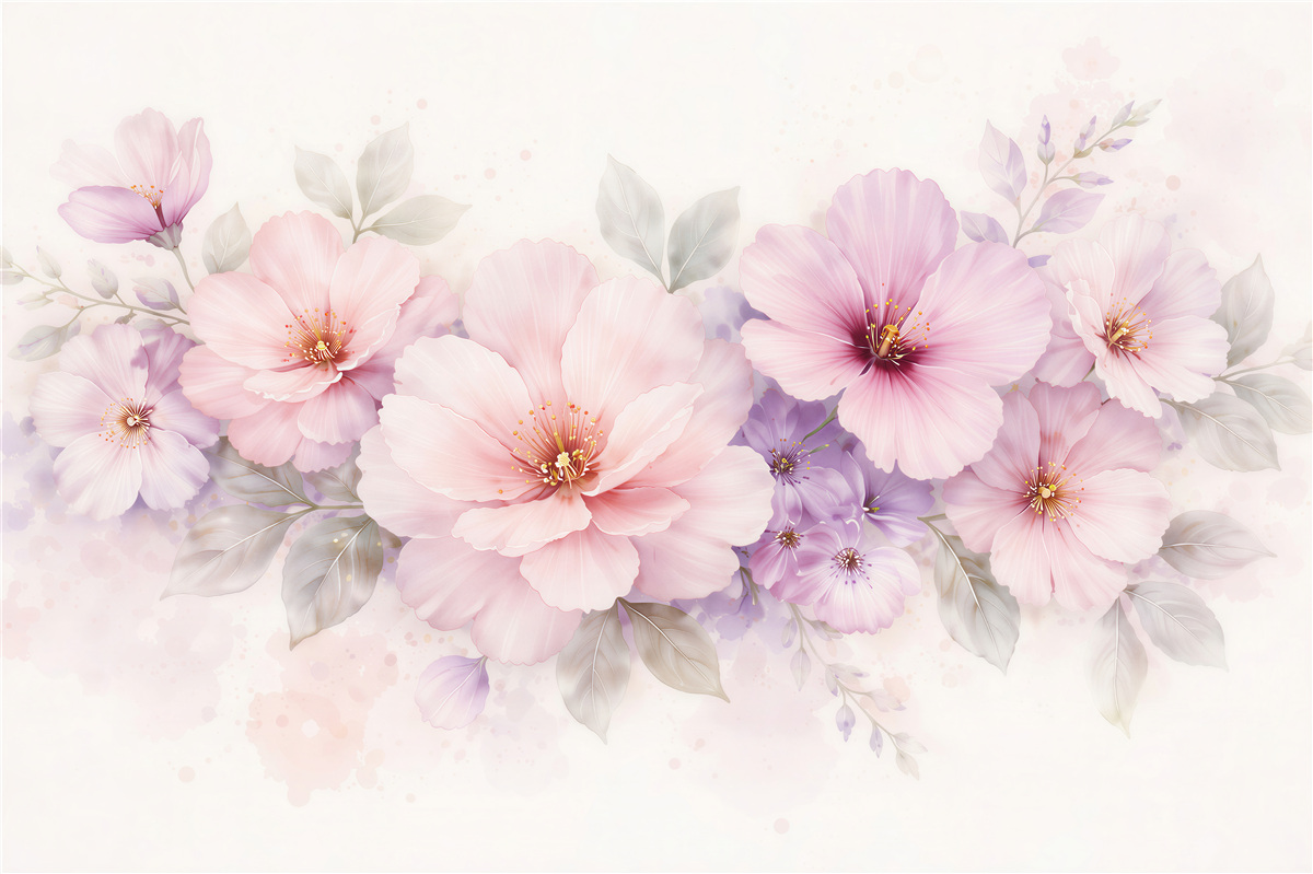 Fototapeten Puderfarbene Blumen in Aquarellglanz