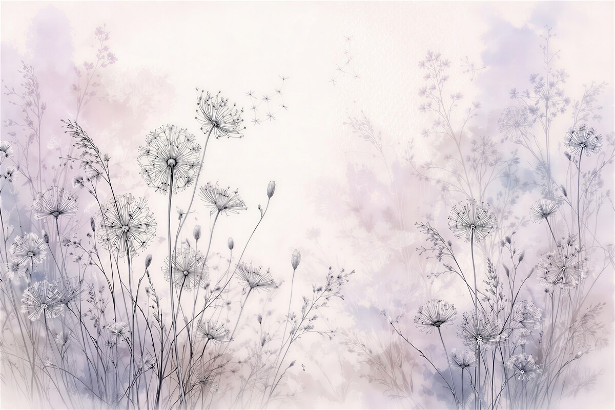 Fototapeten Lavendelfarbene Pusteblumen auf einer Aquarellwiese