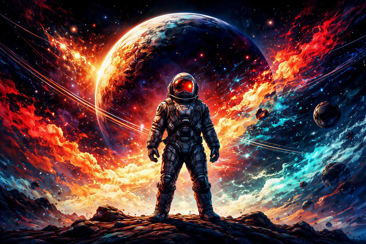 Fototapeten Kosmischer Astronaut in feuriger Galaxie