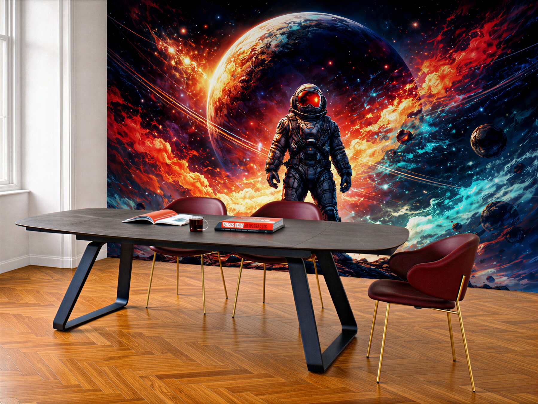 Fototapeten Kosmischer Astronaut in feuriger Galaxie