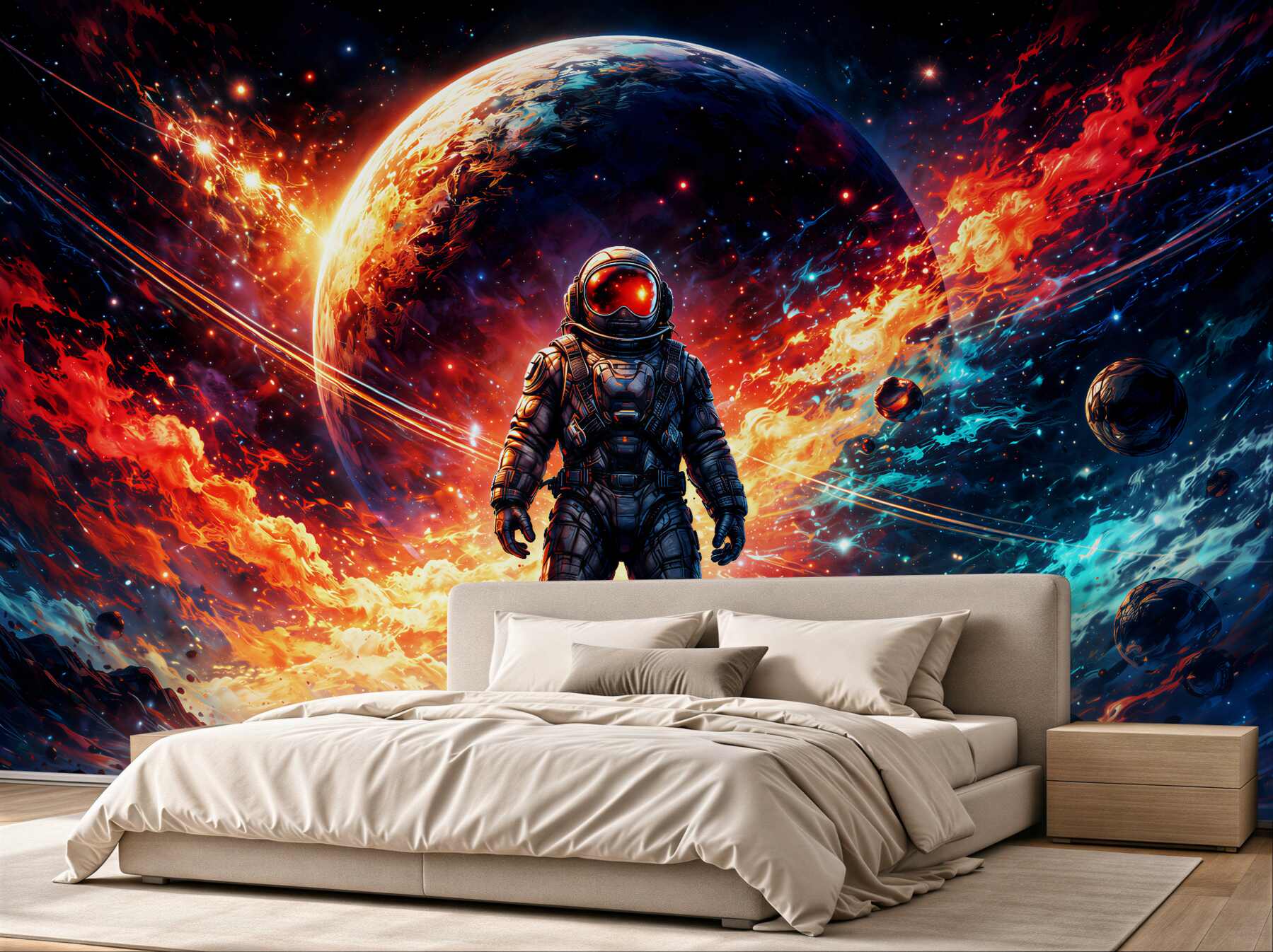 Fototapeten Kosmischer Astronaut in feuriger Galaxie
