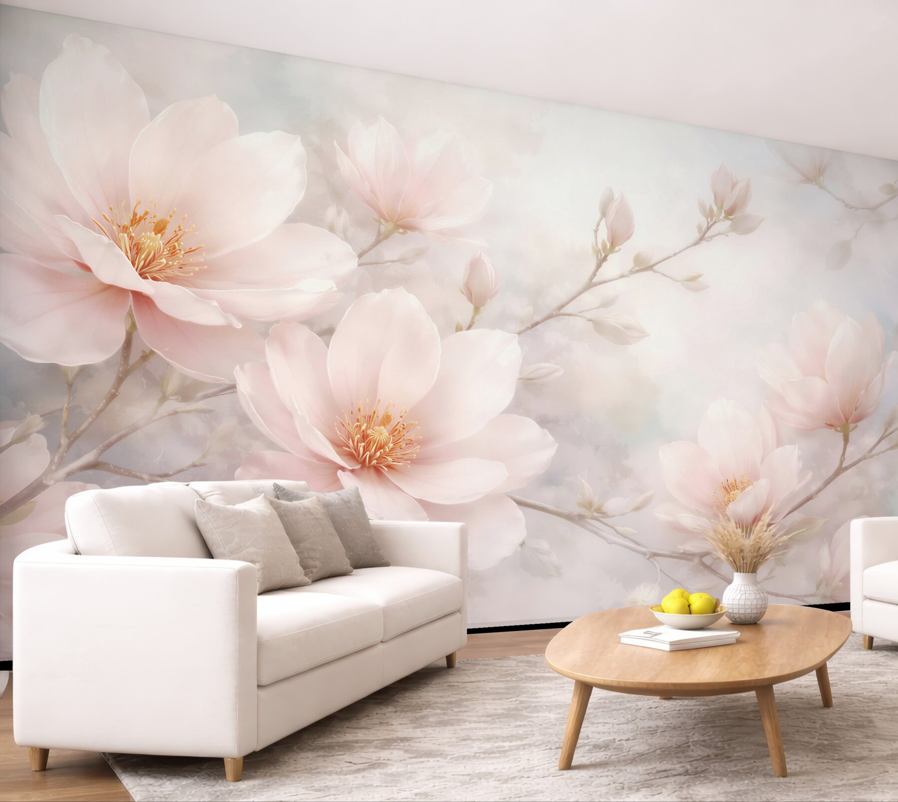 Fototapeten Ätherische Magnolien im pastellfarbenen Nebel