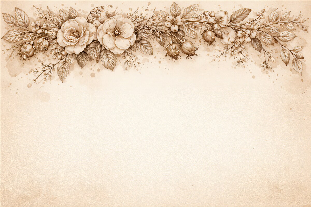 Fototapeten Sepia-Girlande aus Blumen und Früchten