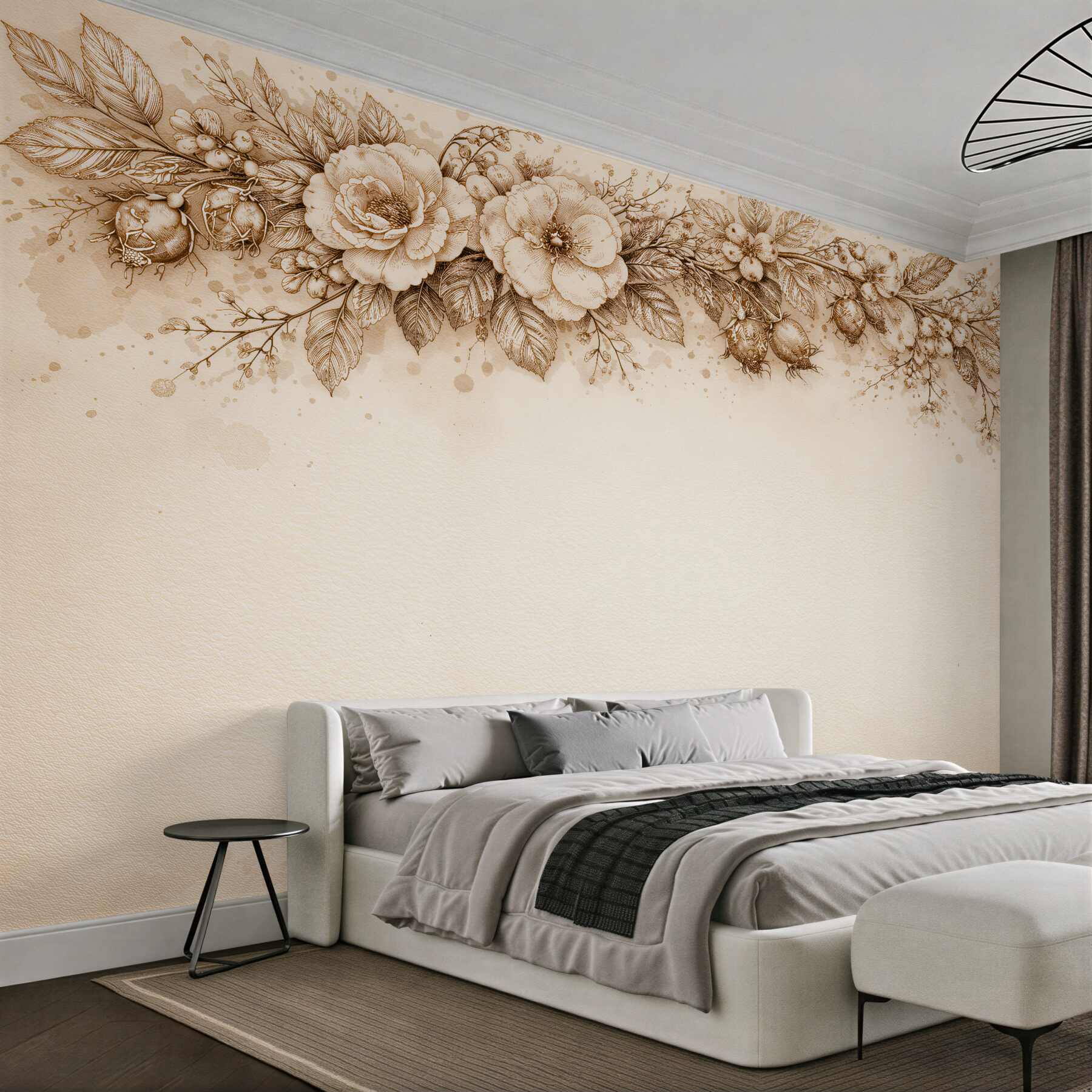 Fototapeten Sepia-Girlande aus Blumen und Früchten