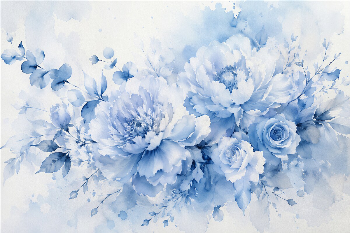 Fototapeten Hellblaue Pfingstrosen und Rosen in Aquarell