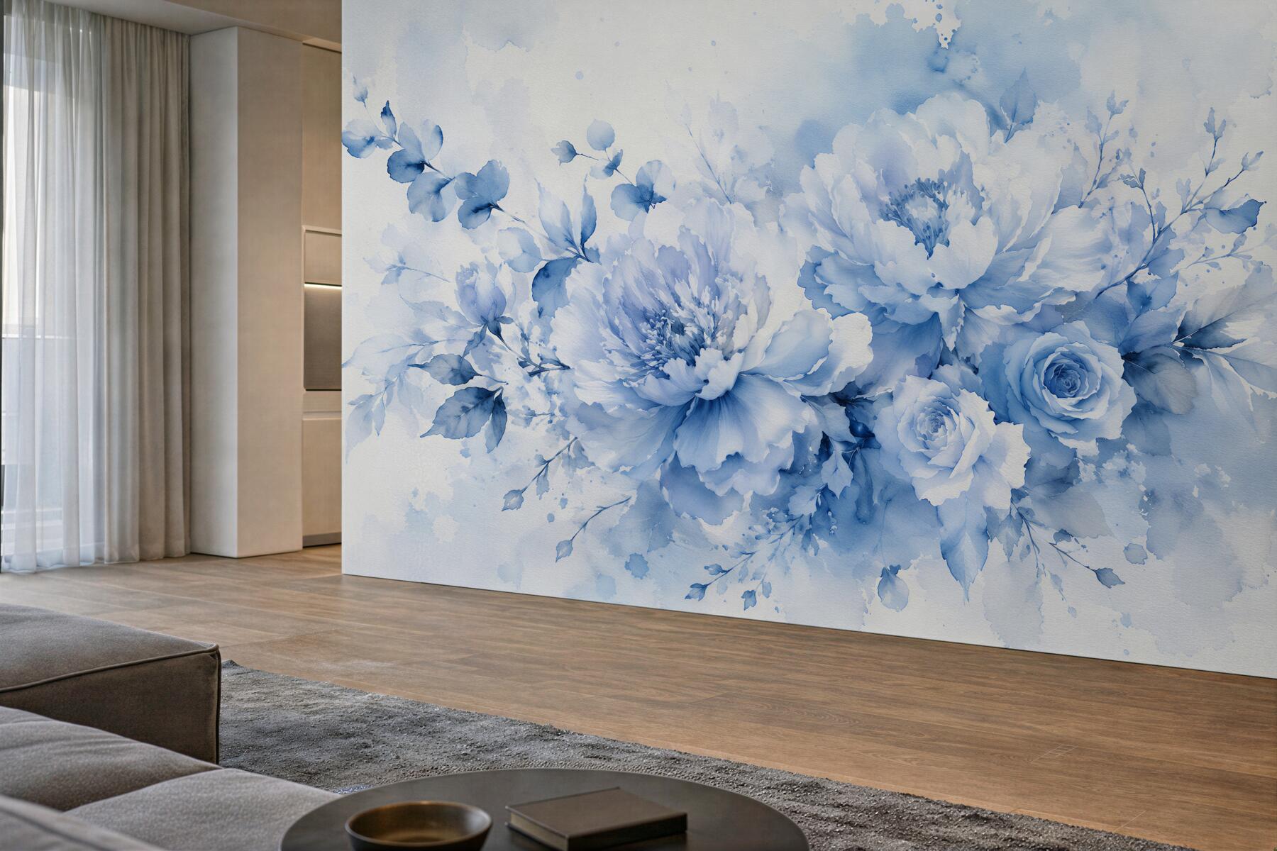 Fototapeten Hellblaue Pfingstrosen und Rosen in Aquarell