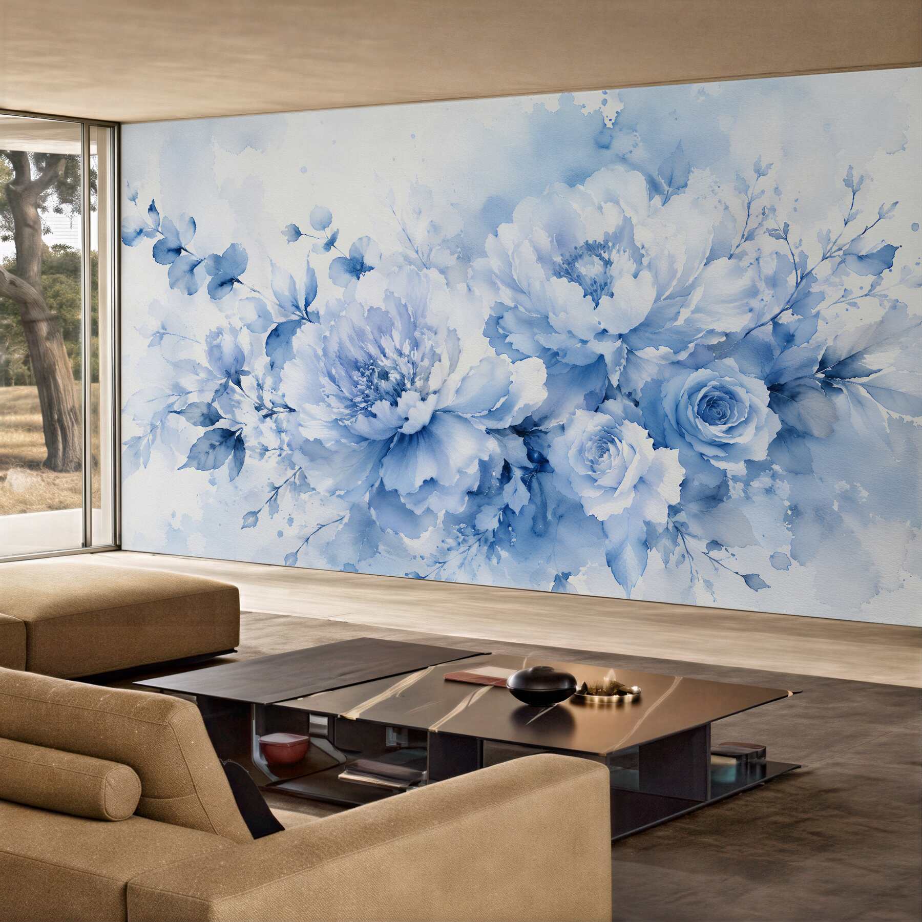 Fototapeten Hellblaue Pfingstrosen und Rosen in Aquarell