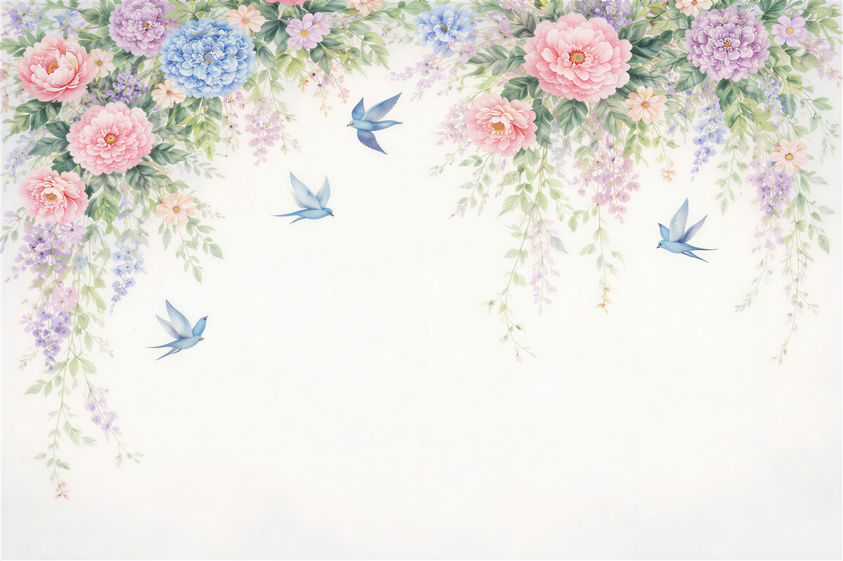 Fototapeten Pastellfarbene Blumen und blaue Vögel