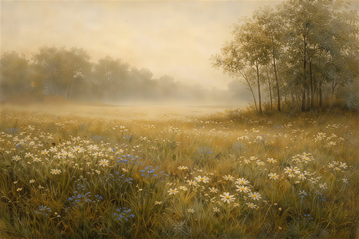 Fototapeten Neblige Wiese im Morgengrauen