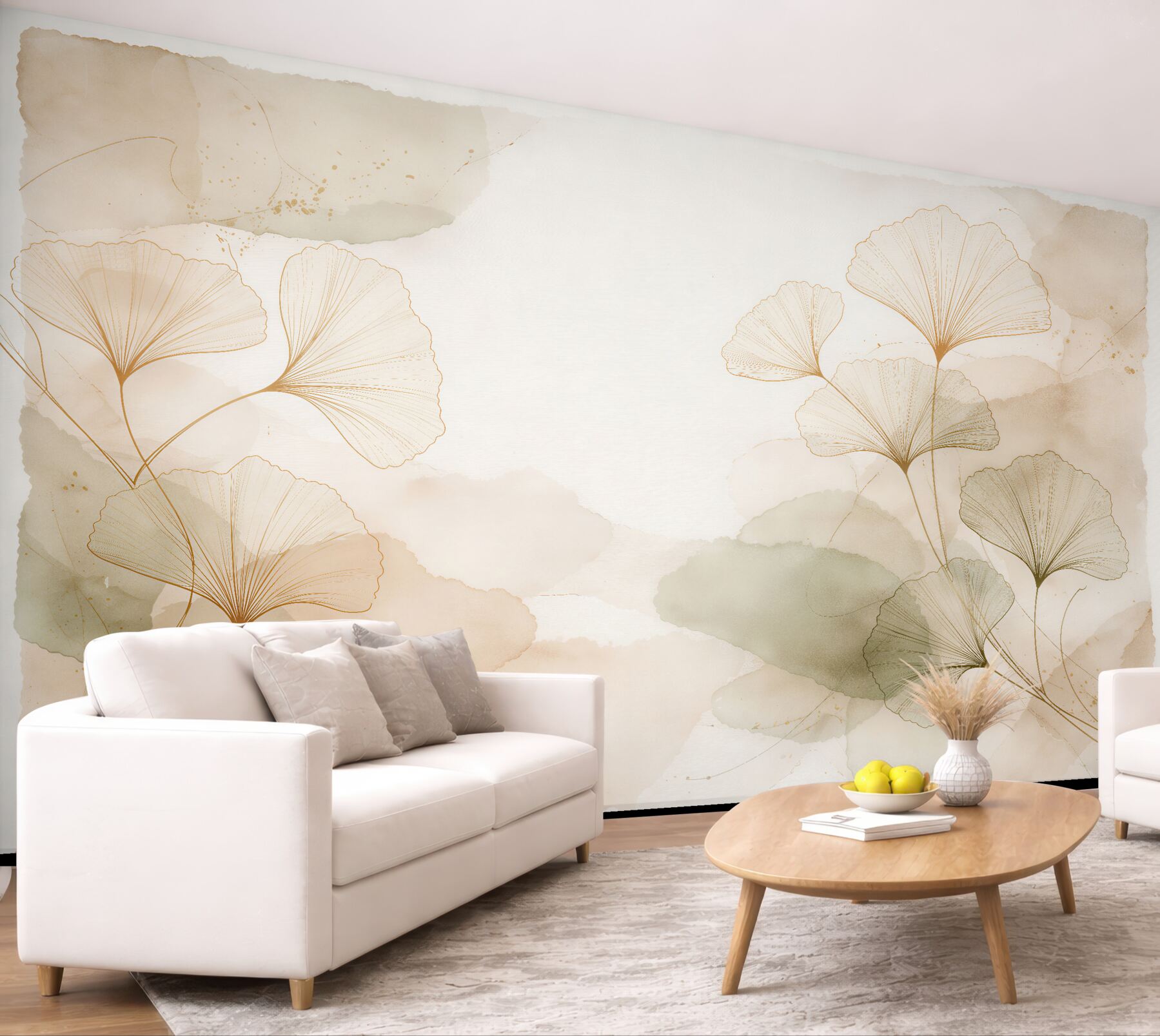 Fototapeten Goldene Ginkgoblätter in Aquarell