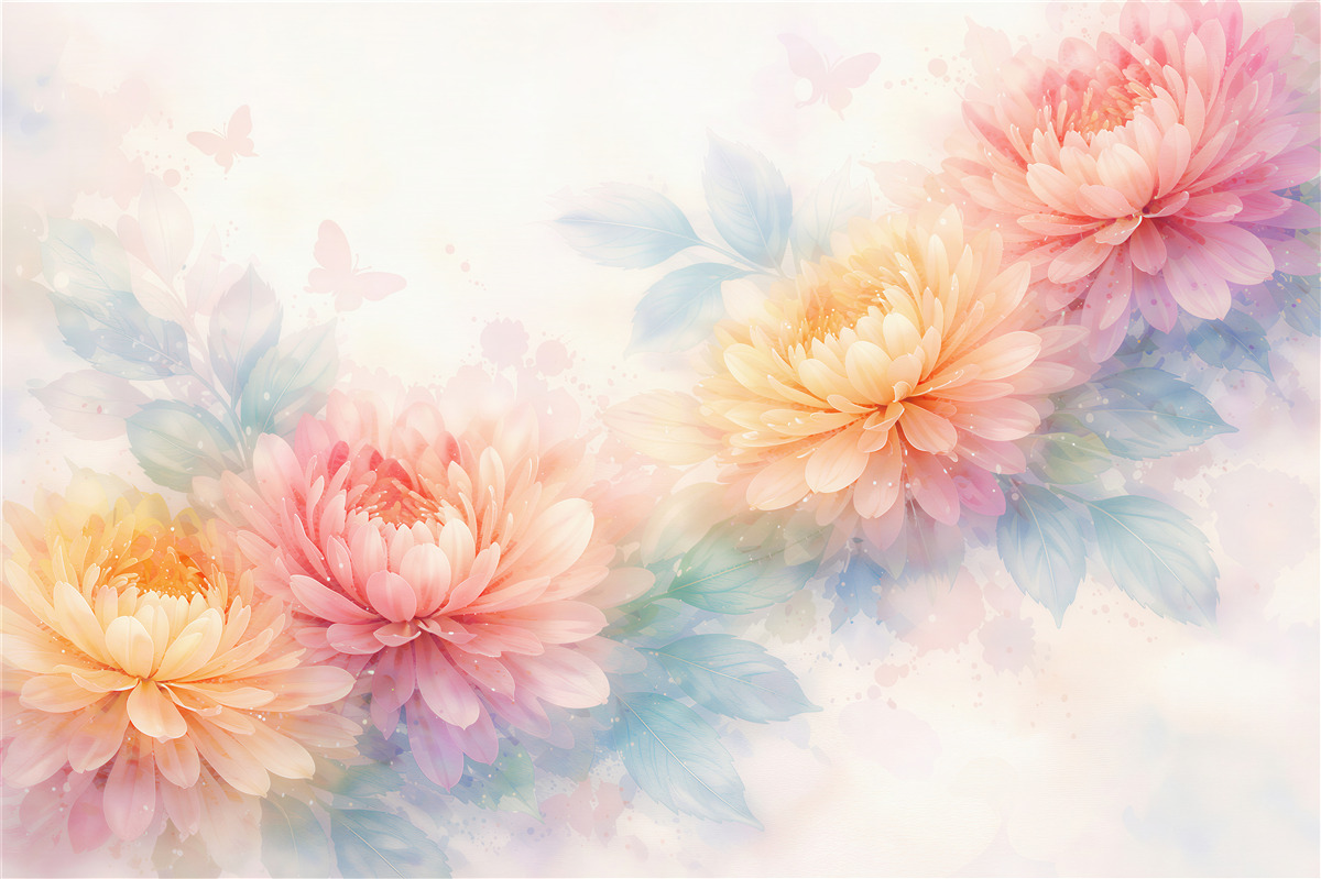Fototapeten Pastellfarbene Chrysanthemen in Aquarell