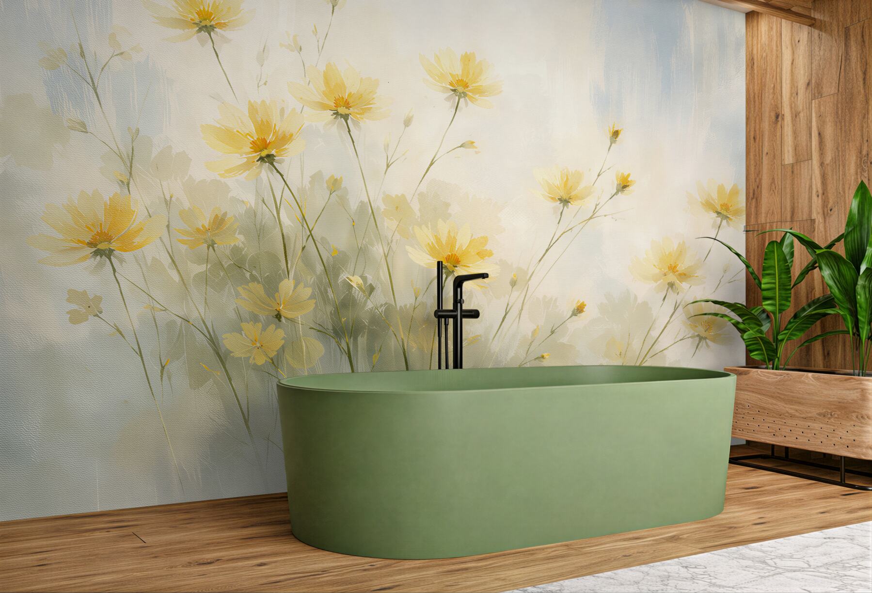 Fototapeten Zarte gelbe Blumen in Aquarell