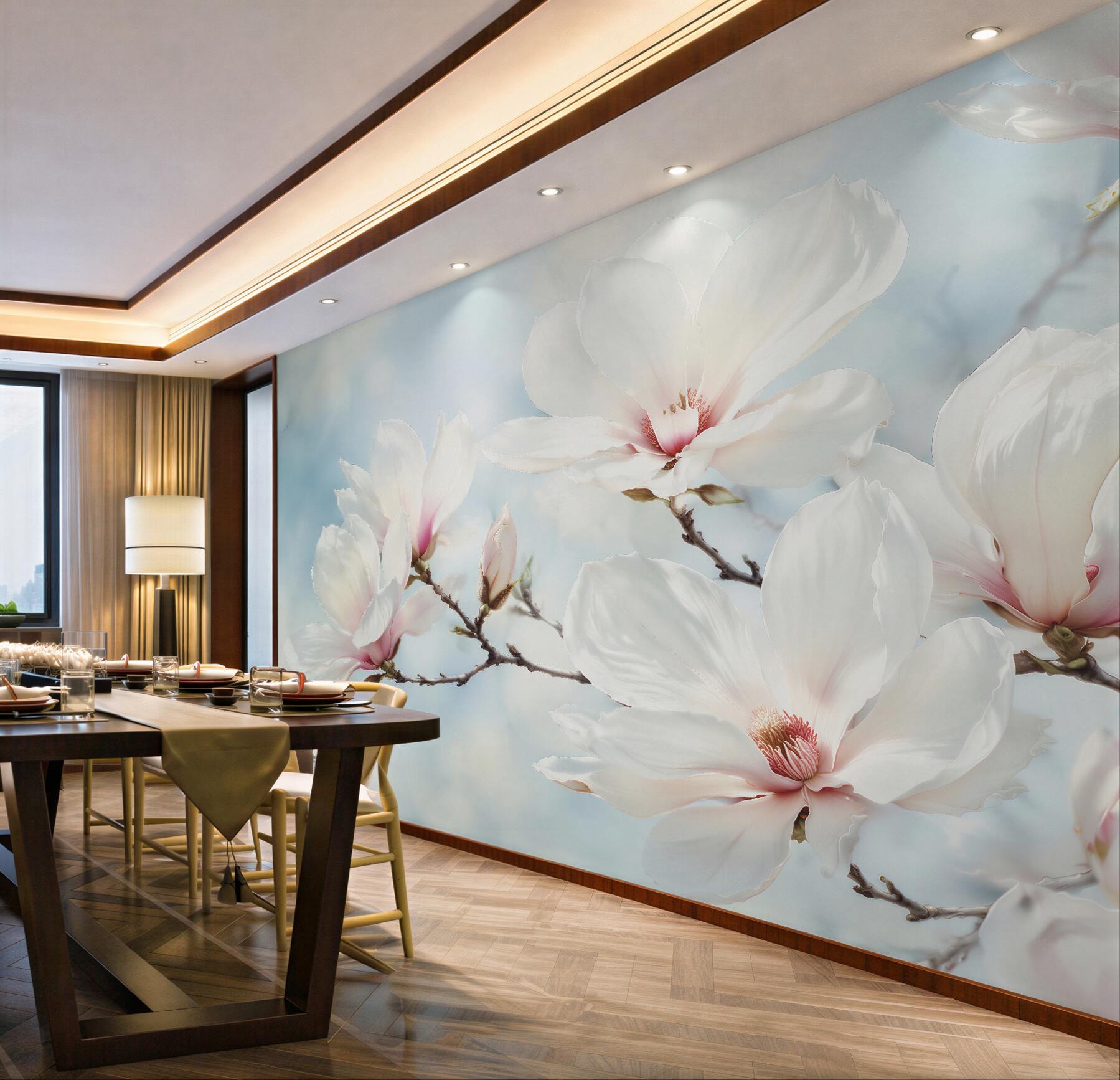 Fototapeten Zarte Magnolie auf blauem Hintergrund